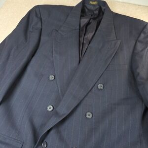 Robert Stock Suit Blazer Mens 46L Blue Striped Custom Fit Double Breasted